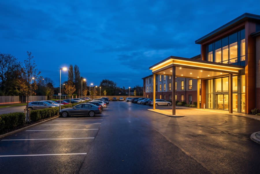 A lit hotel entrance canopy with cars parked at dusk