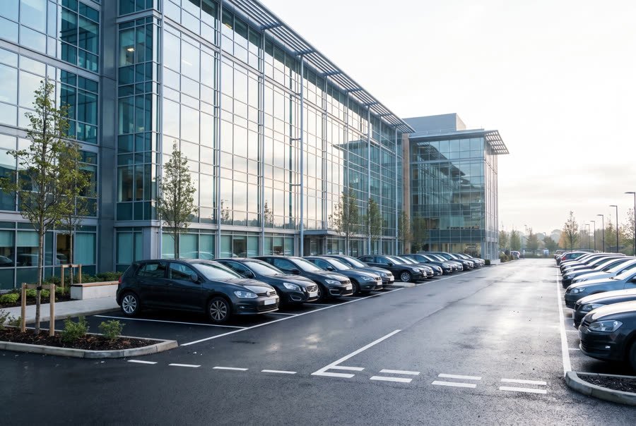 A business park car park beside a modern glass office building